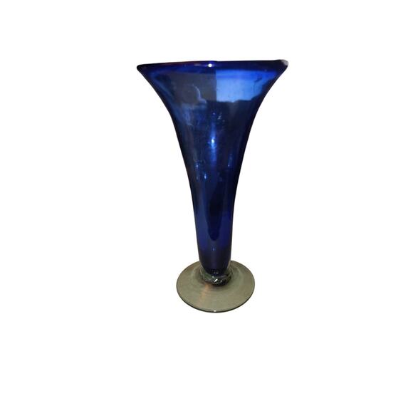 Collectible Hand Blown Cobalt Blue/Crystal Art Glass Footed Vase - Rough Pontil - Picture 2 of 2